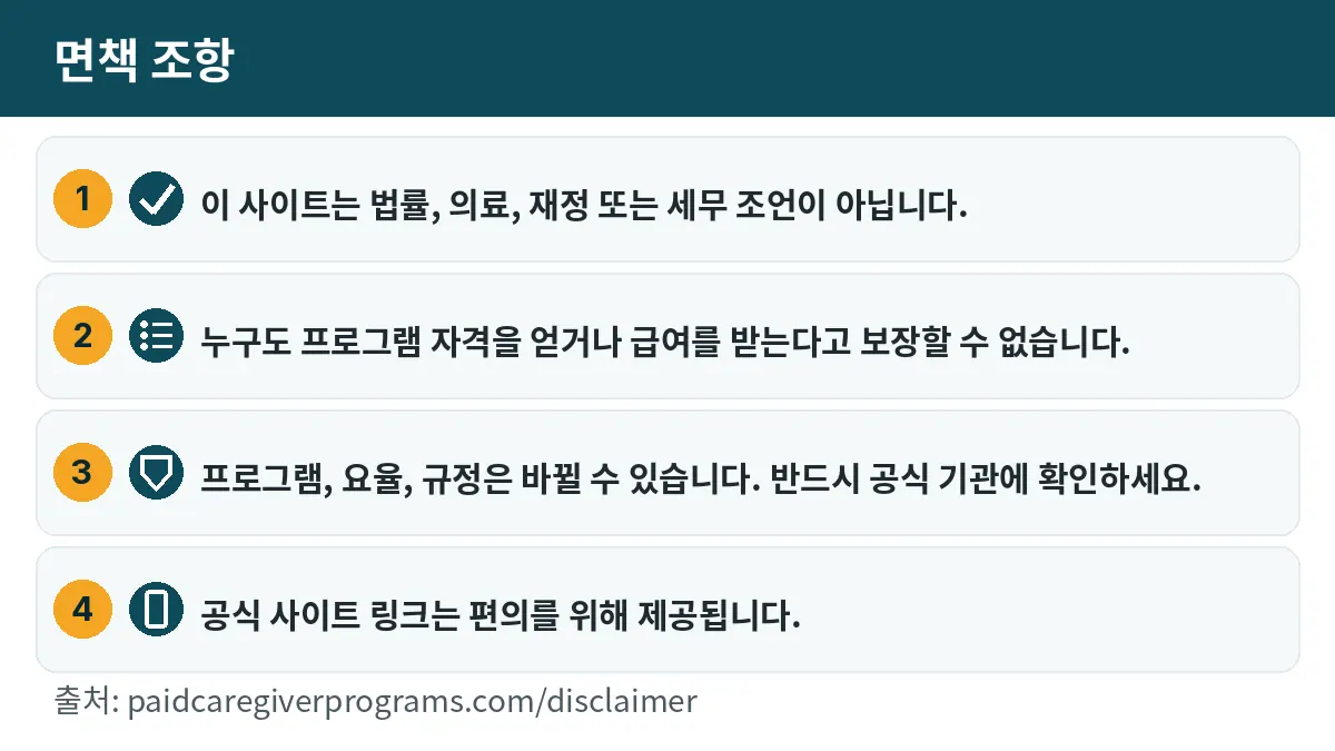 이 사이트는 법률, 의료, 재정 또는 세무 조언이 아닙니다. 누구도 프로그램 자격을 얻거나 급여를 받는다고 보장할 수 없습니다. 프로그램, 요율, 규정은 바뀔 수 있습니다. 반드시 공식 기관에 확인하세요. 공식 사이트 링크는 편의를 위해 제공됩니다.