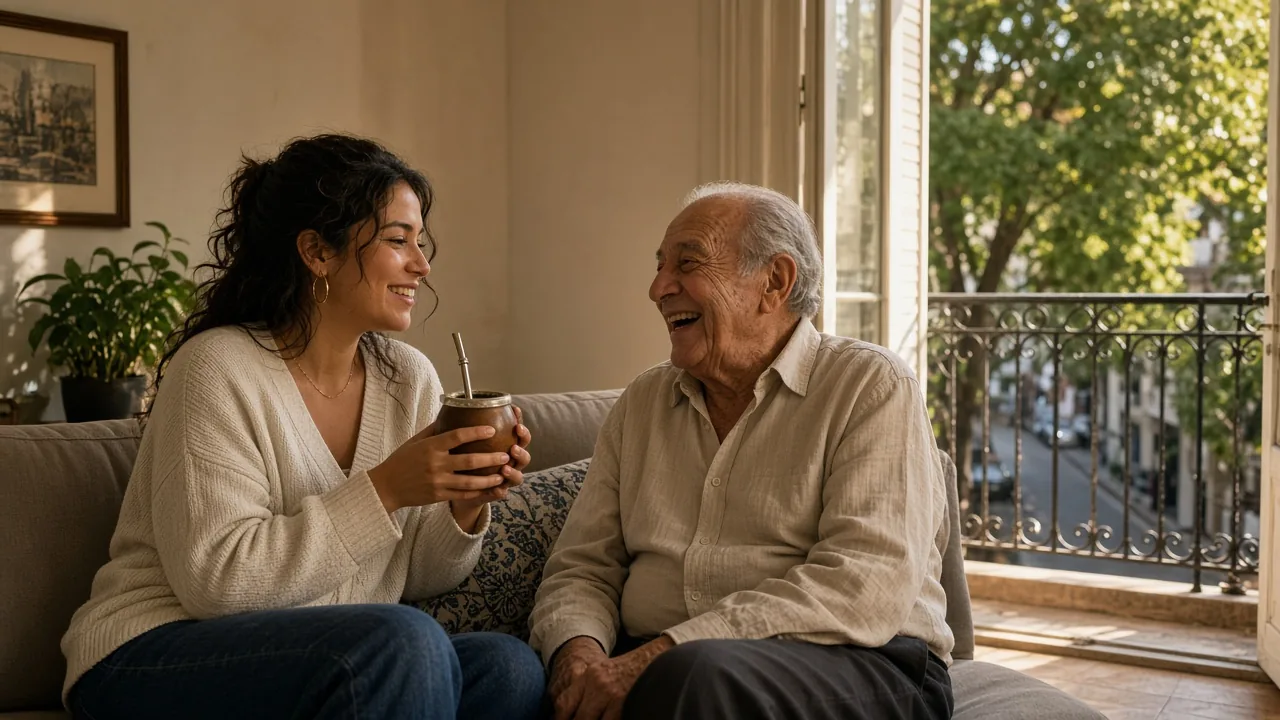 Una mujer argentina comparte mate con su padre en un departamento de Buenos Aires