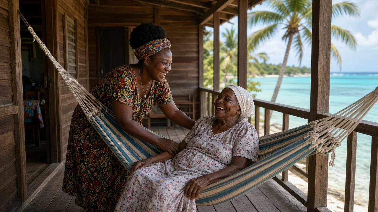 Una mujer beliceña ayuda a su abuela a recostarse en una hamaca frente al mar Caribe