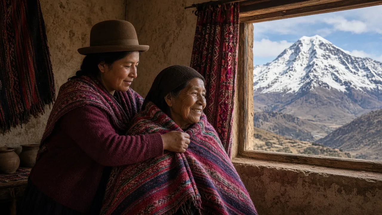 Una mujer boliviana abriga a su madre con un aguayo frente a una montaña nevada