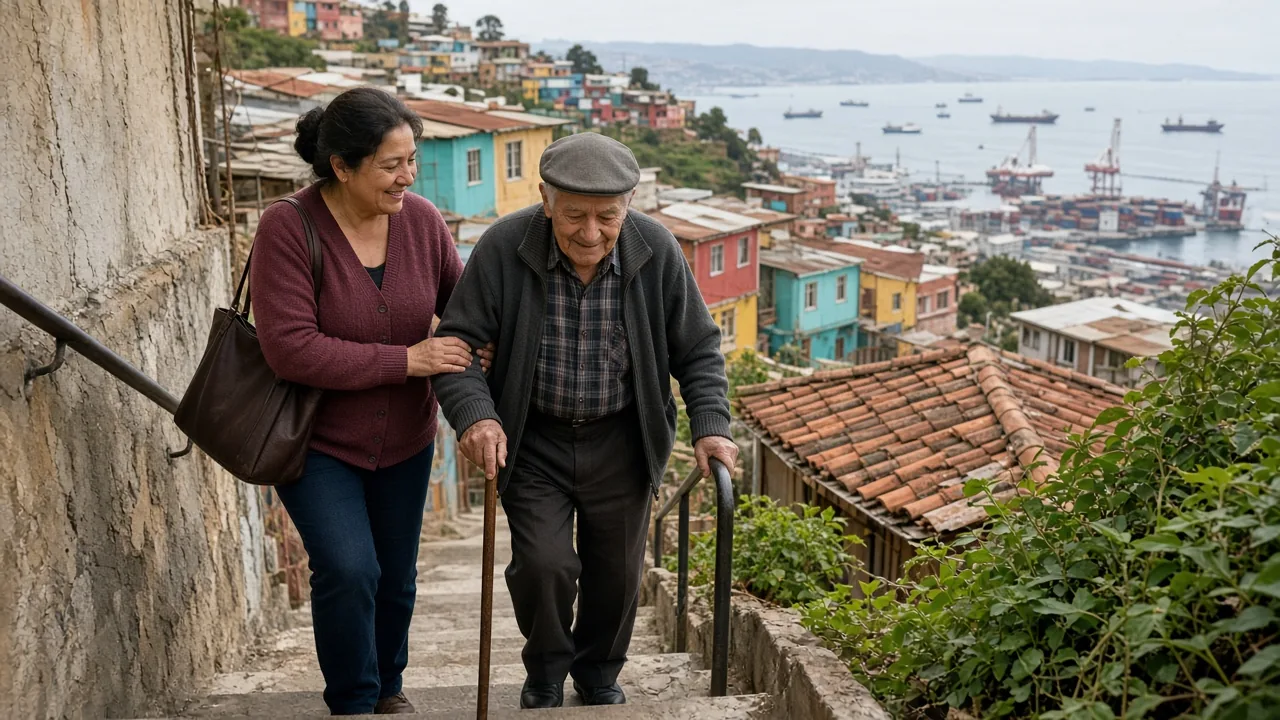 Una mujer chilena ayuda a su padre a subir una escalera en los cerros de Valparaíso