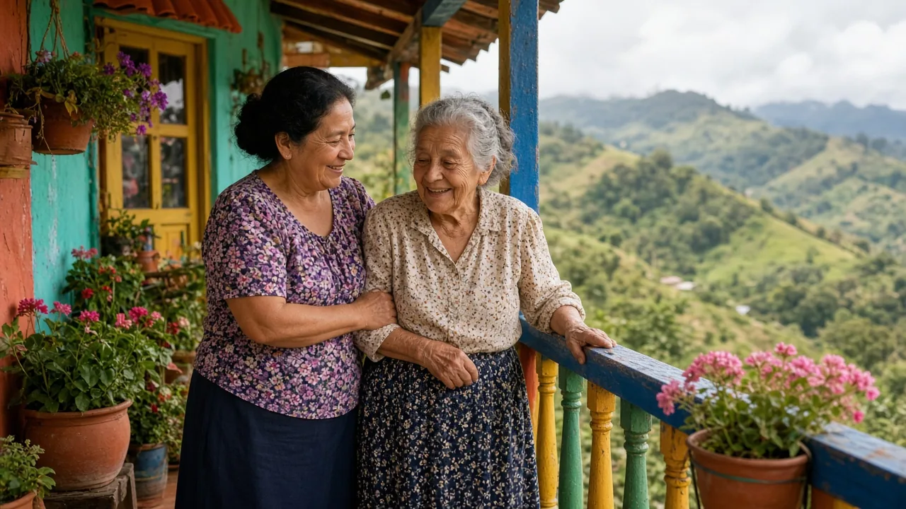Una mujer colombiana acompaña a una señora mayor en un balcón con montañas cafeteras