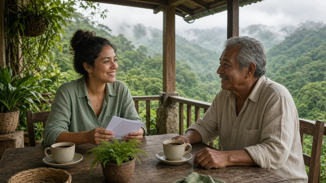 Una mujer costarricense conversa con su padre en una terraza frente al bosque nuboso