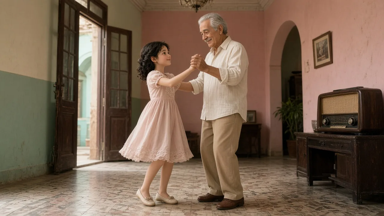 Una niña cubana baila con su abuelo en una casa colonial de La Habana