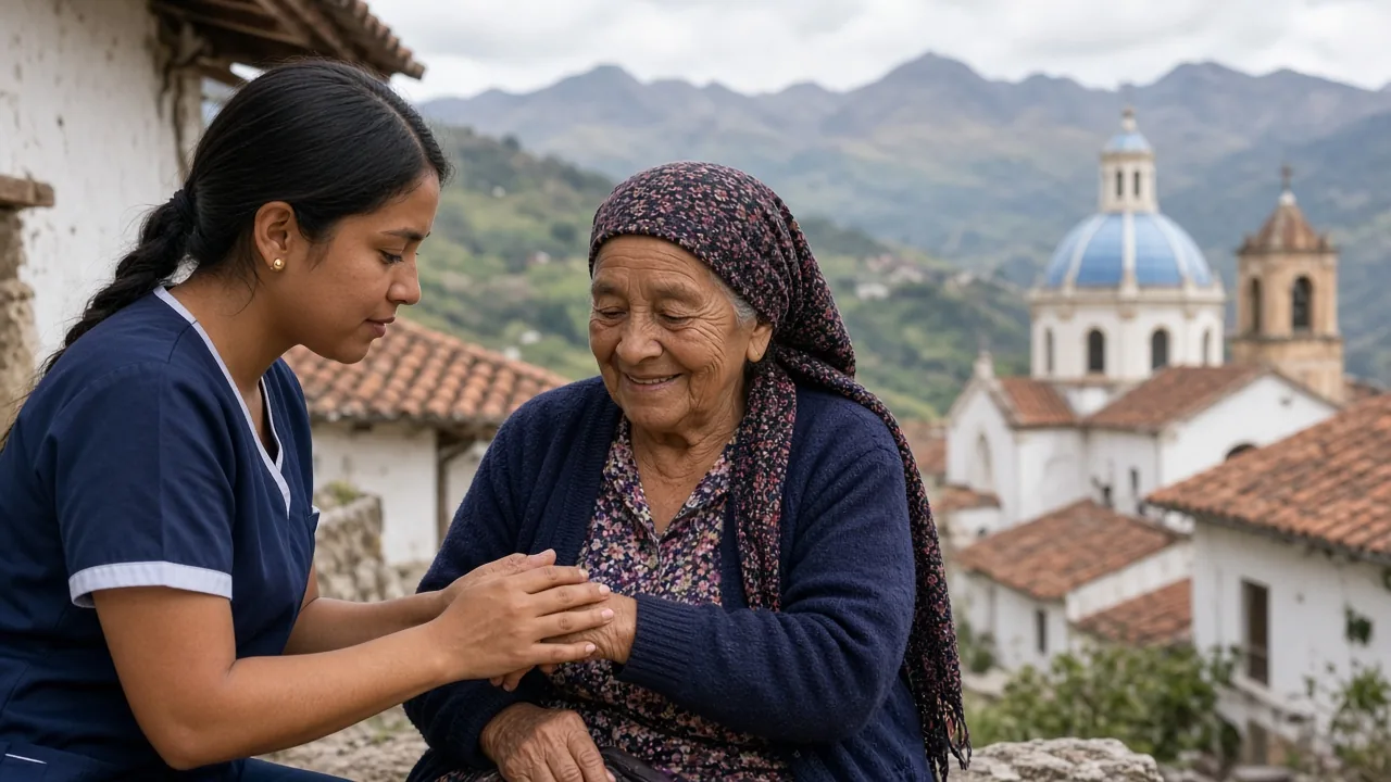Una estudiante de enfermería ecuatoriana toma el pulso a su abuela en un pueblo andino