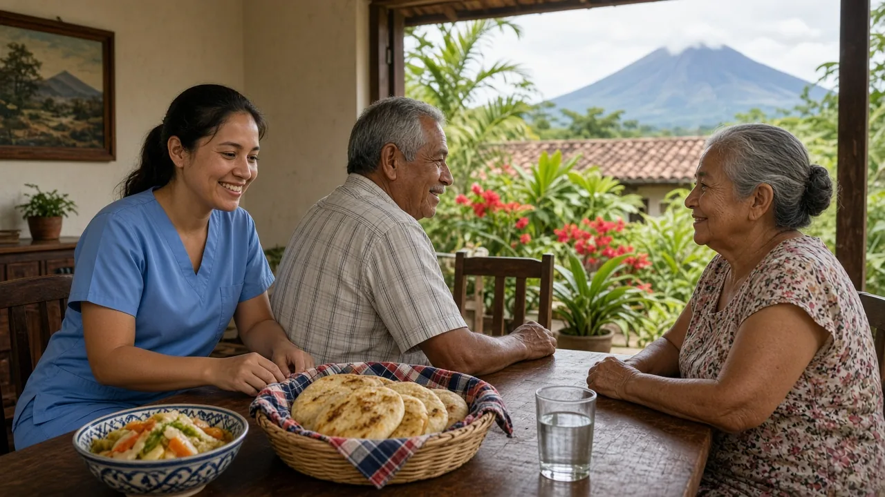 Una enfermera salvadoreña comparte pupusas con sus padres frente a un volcán