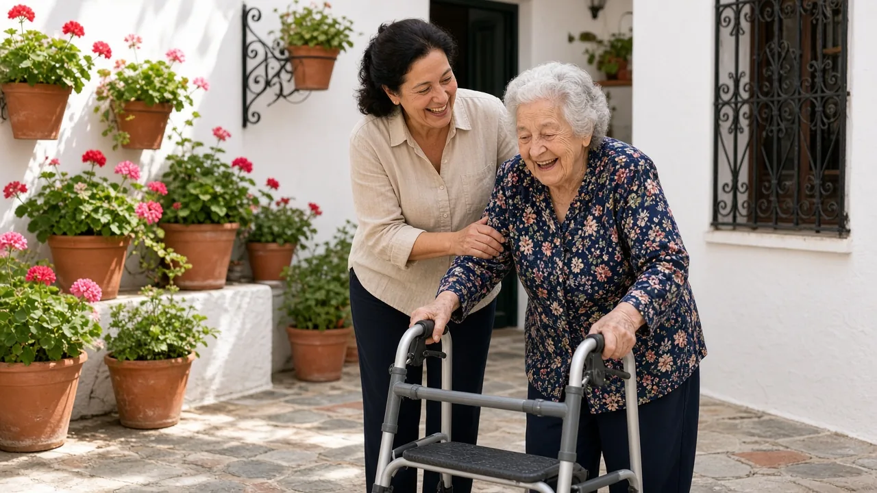 Una mujer española acompaña a su madre con andadera en un patio andaluz con geranios