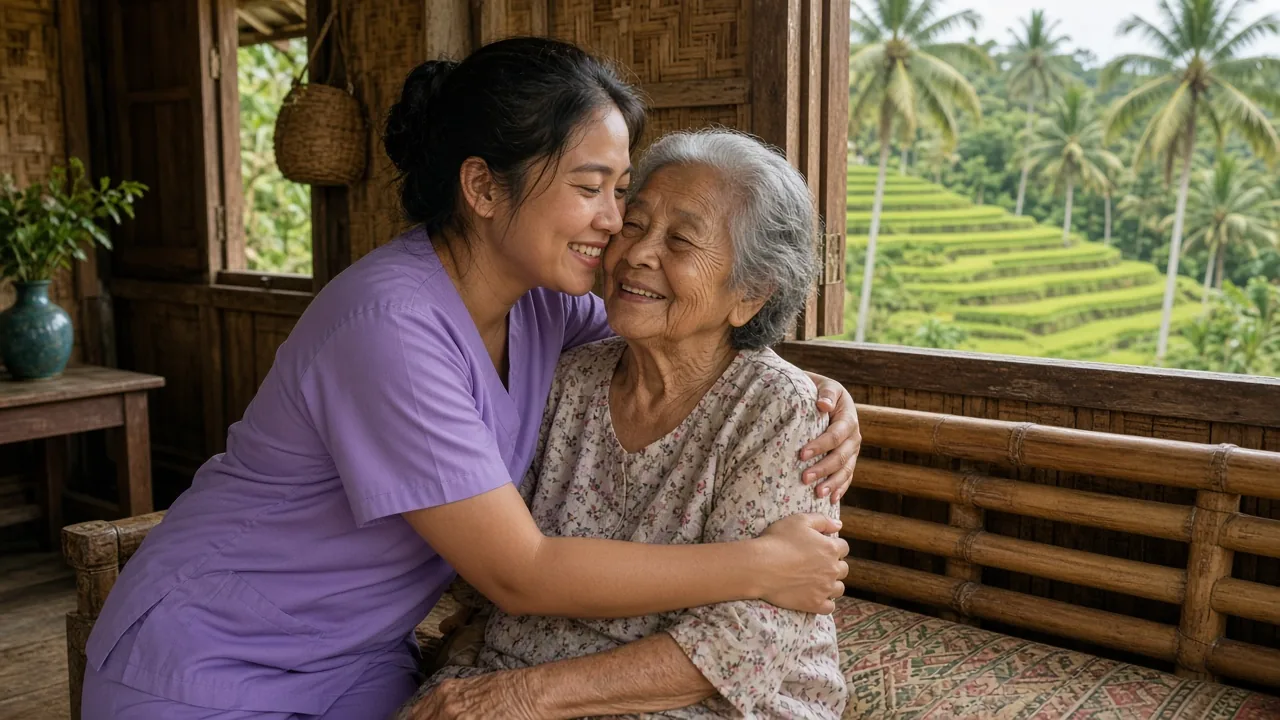 Una cuidadora filipina abraza a su abuela frente a terrazas de arroz