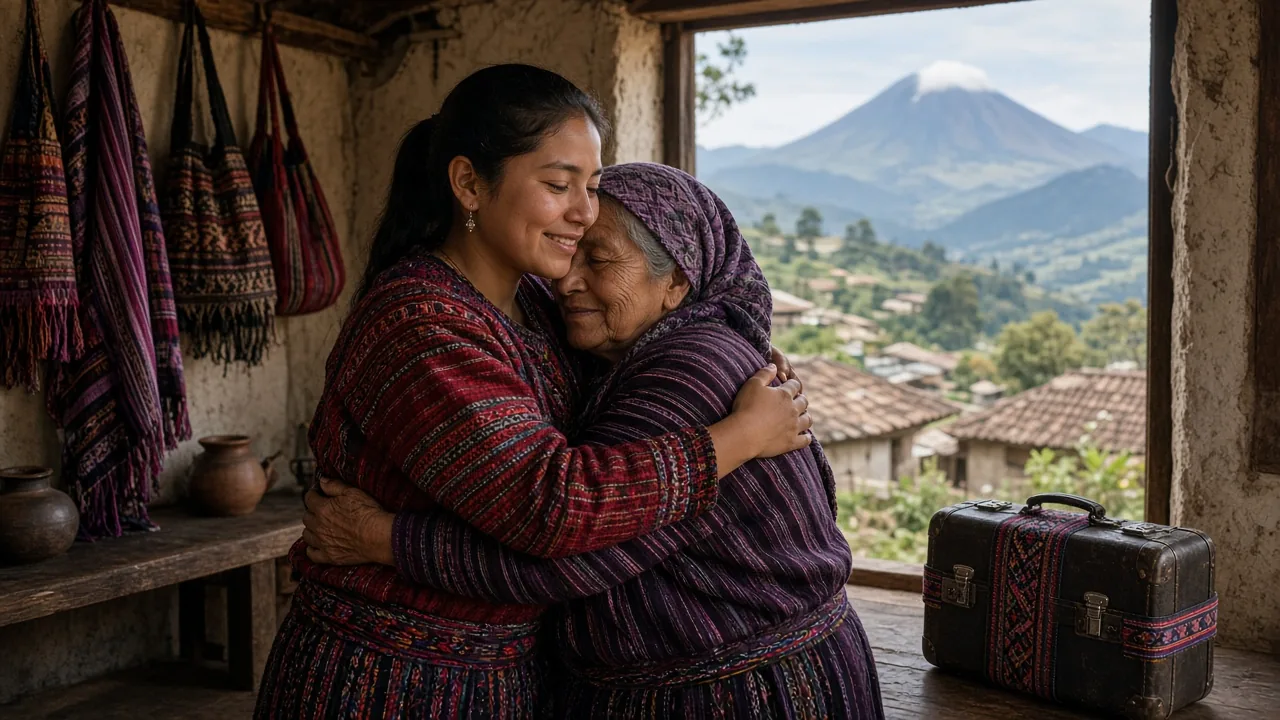 Una joven guatemalteca abraza a su abuela junto a una maleta frente a un volcán