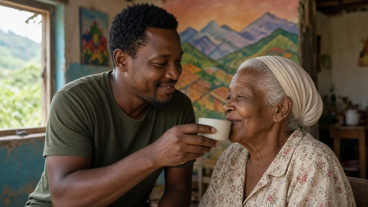 Un hombre haitiano ayuda a su abuela a beber agua en una casa con murales de colores