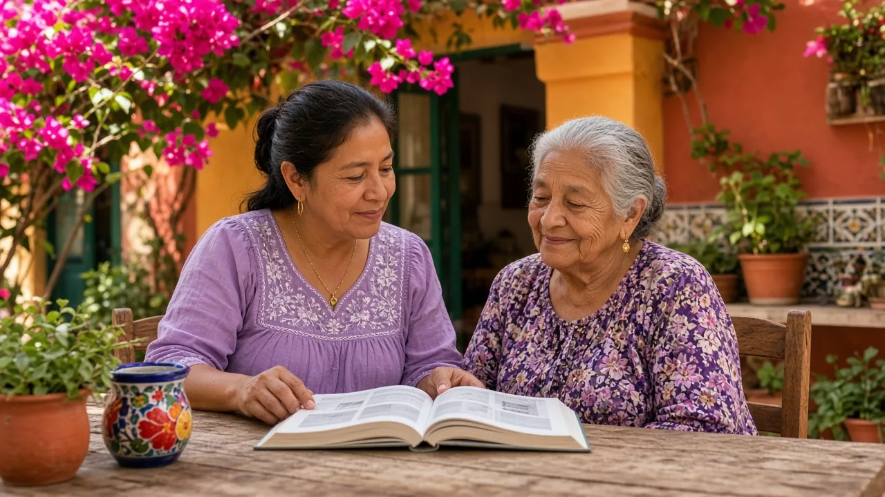 Una mujer mexicana estudia un libro de cuidados junto a su madre en un patio con bugambilias