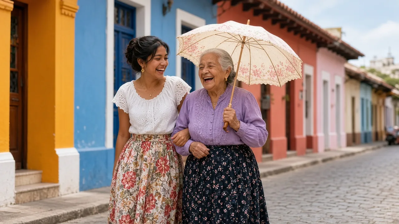 Una nieta nicaragüense camina del brazo con su abuela por una calle colonial de Granada