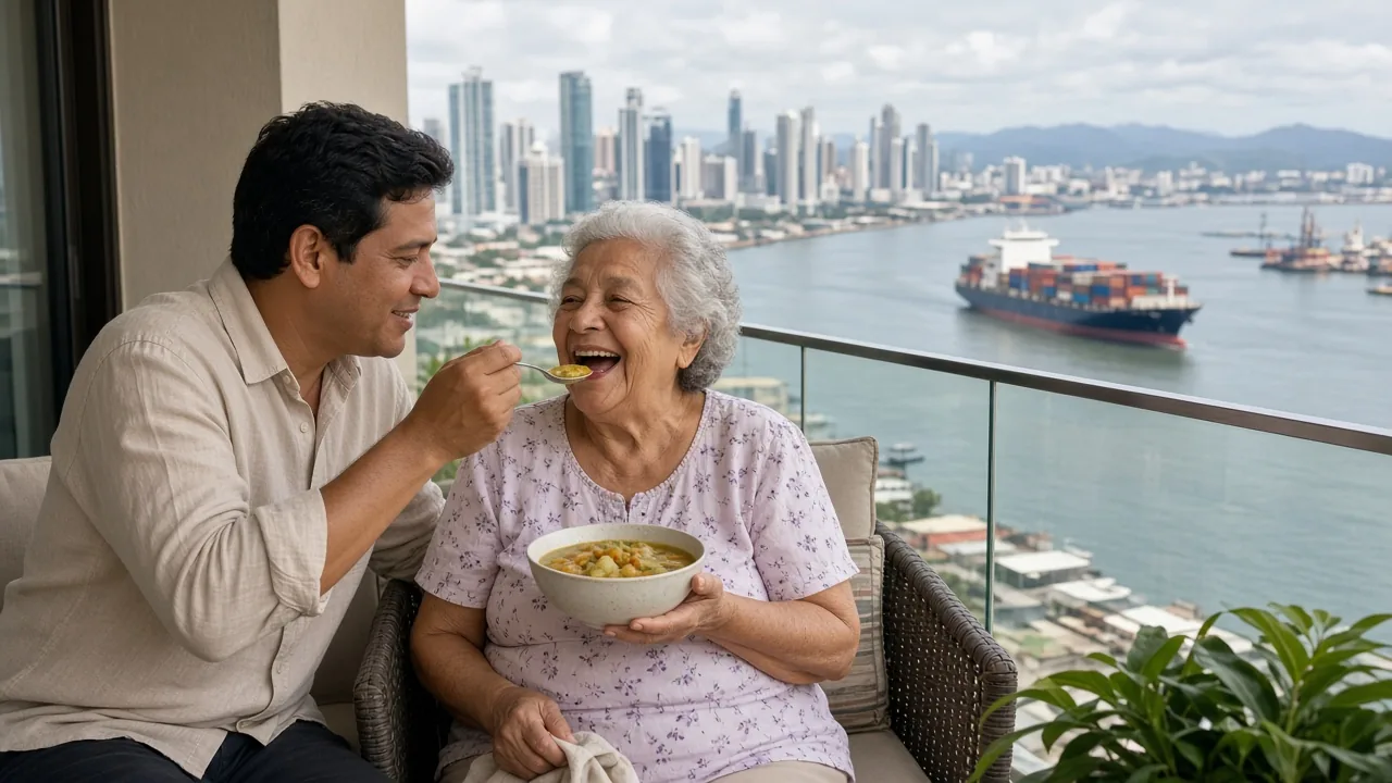 Un hijo panameño da sopa a su madre en un balcón con vista a la ciudad y al canal