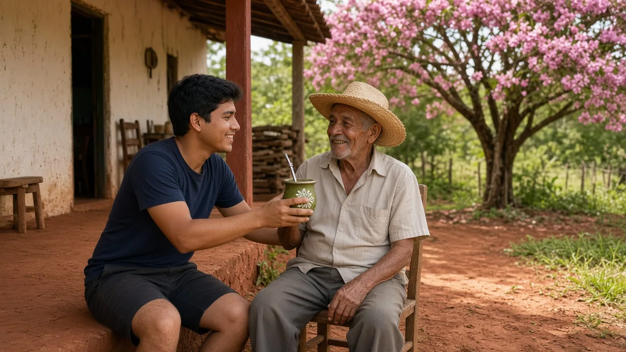 Un joven paraguayo ofrece tereré a su abuelo bajo un lapacho en flor