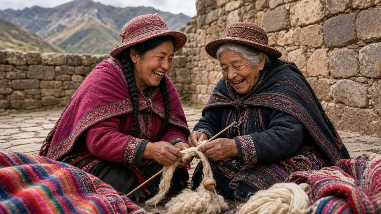 Una mujer peruana hila lana de alpaca con su madre en un patio de piedra en Cusco