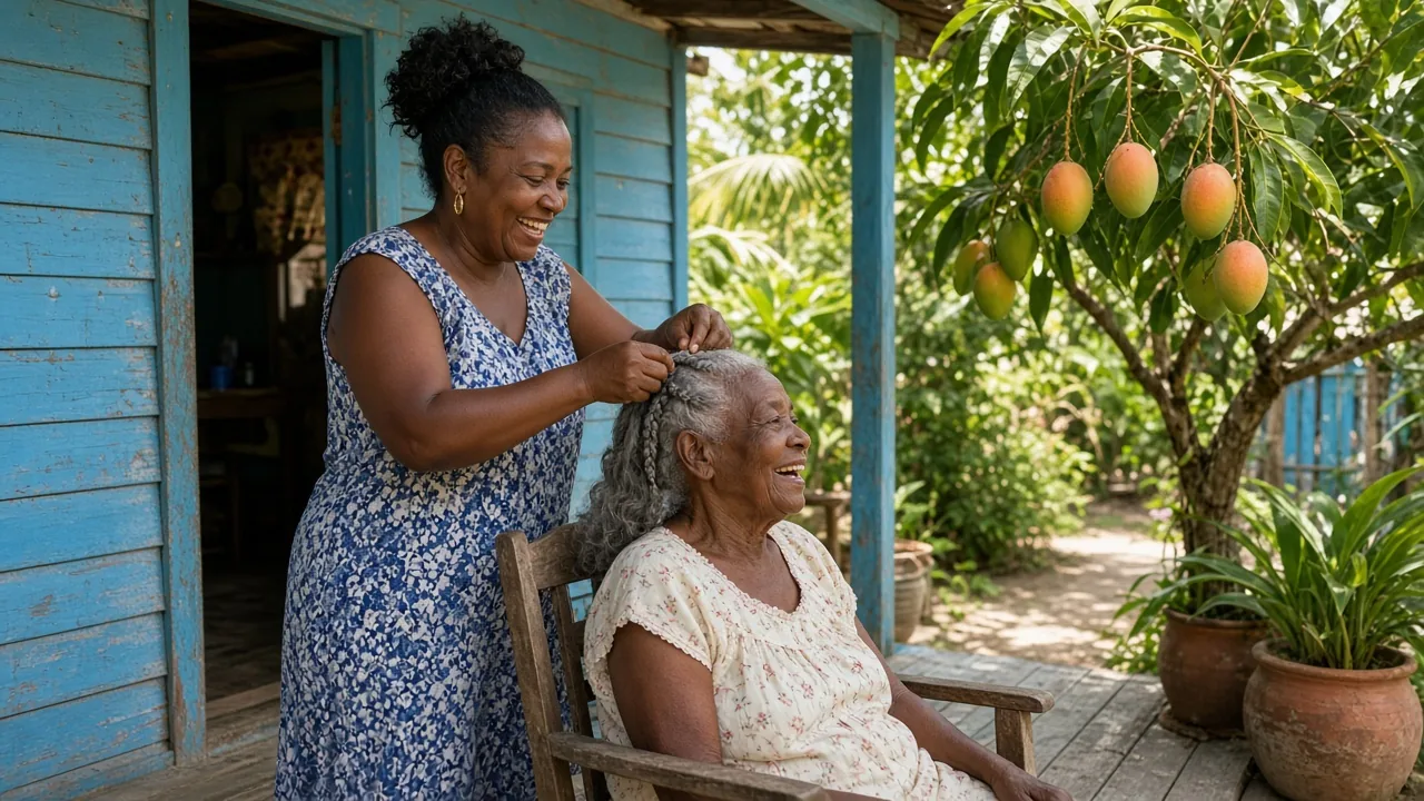 Una mujer dominicana trenza el cabello de su madre en el porche bajo un árbol de mango