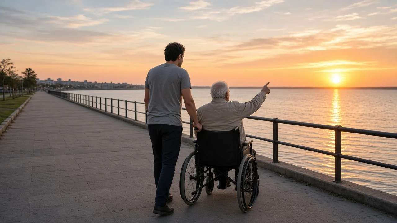 Un hijo uruguayo empuja la silla de ruedas de su padre por la rambla de Montevideo al atardecer