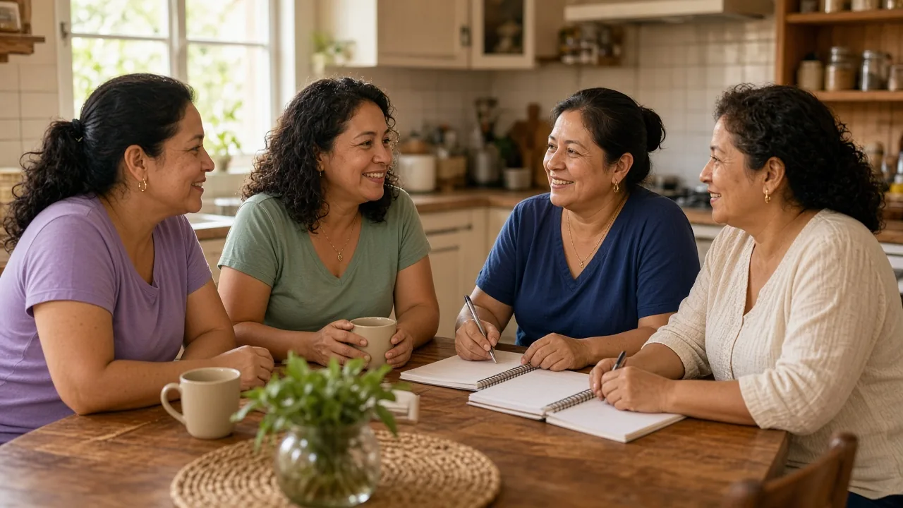 Un grupo de cuidadoras latinoamericanas comparte café y apuntes en una cocina