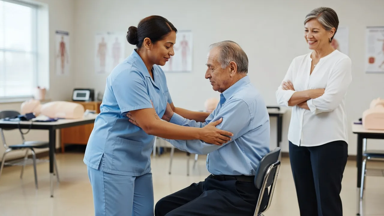 A nursing assistant student helps an elderly volunteer stand up in a training classroom