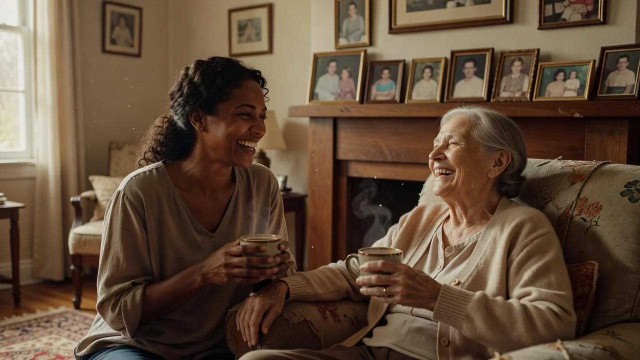 A Brazilian caregiver shares coffee and a laugh with an elderly woman in a cozy living room
