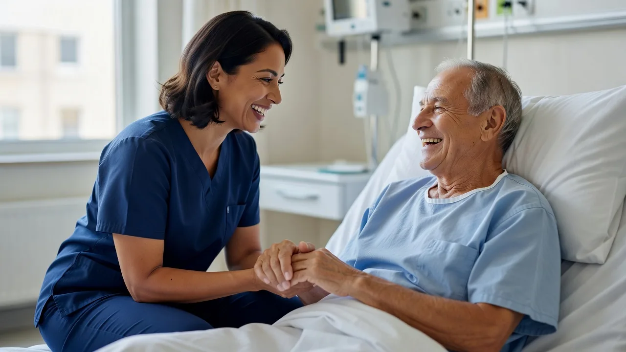 A registered nurse holds hands and laughs with an elderly patient in a bright hospital room