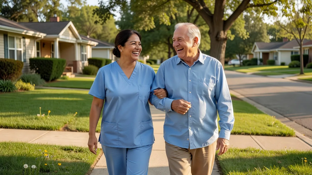 An immigrant caregiver in scrubs walks arm in arm with a laughing elderly man on a sunny suburban sidewalk
