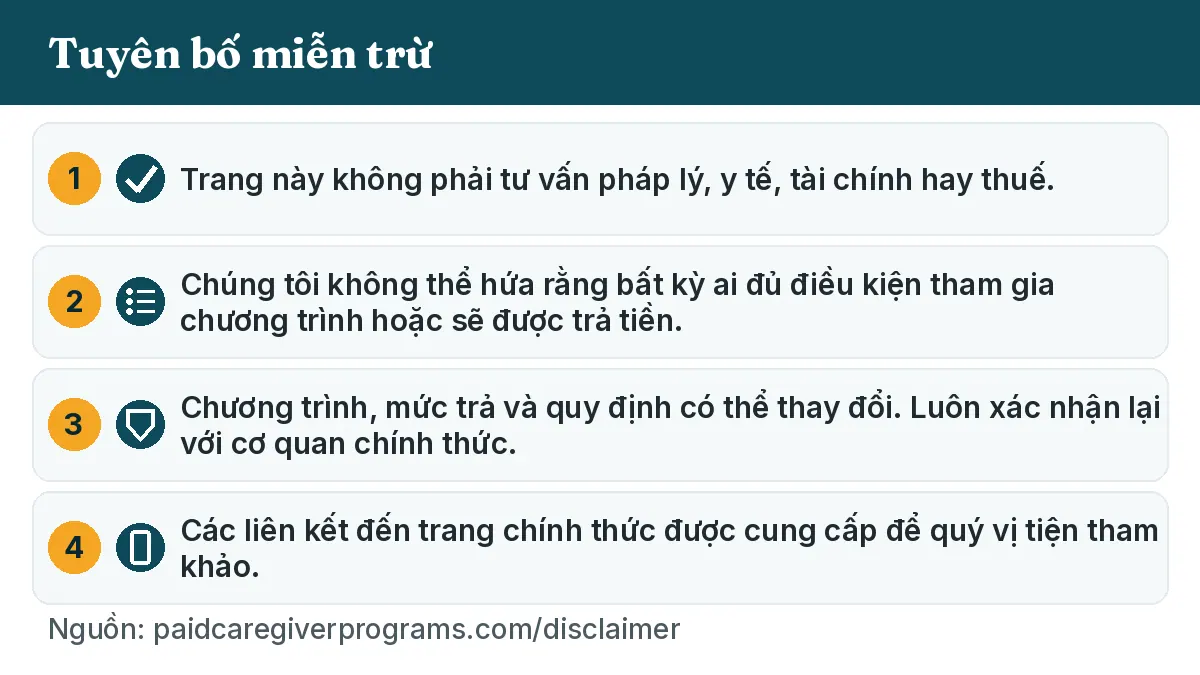 Trang này không phải tư vấn pháp lý, y tế, tài chính hay thuế. Chúng tôi không thể hứa rằng bất kỳ ai đủ điều kiện tham gia chương trình hoặc sẽ được trả tiền. Chương trình, mức trả và quy định có thể thay đổi. Luôn xác nhận lại với cơ quan chính thức. Các liên kết đến trang chính thức được cung cấp để quý vị tiện tham khảo.