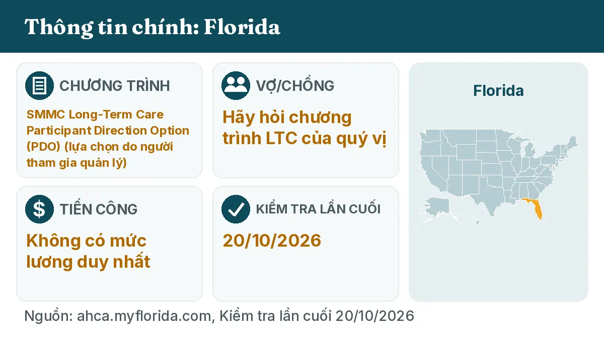 Thông tin chính: Florida. Chương trình: SMMC Long-Term Care Participant Direction Option (PDO). Vợ/chồng: Hãy hỏi chương trình LTC của quý vị. Tiền công: Không có mức lương duy nhất.