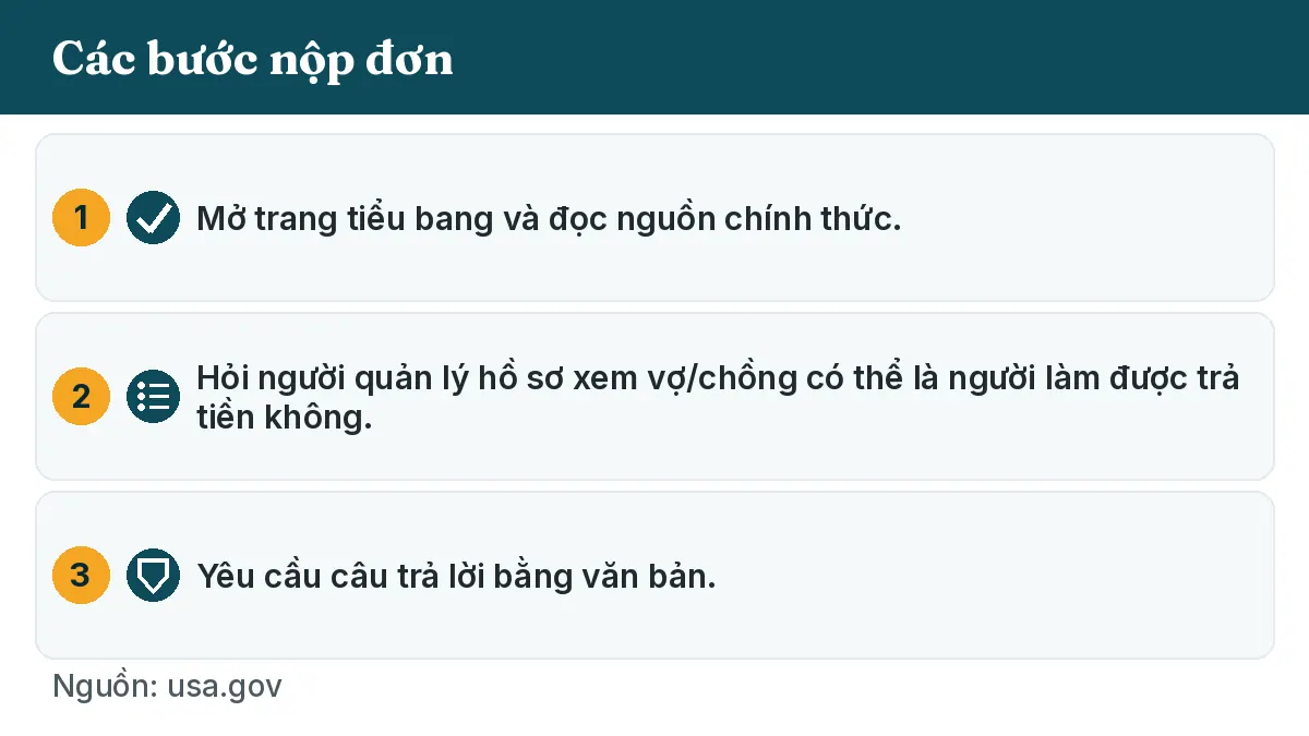 Các bước nộp đơn: 1. Mở trang tiểu bang và đọc nguồn chính thức. 2. Hỏi người quản lý hồ sơ xem vợ/chồng có thể là người làm được trả tiền không. 3. Yêu cầu câu trả lời bằng văn bản.