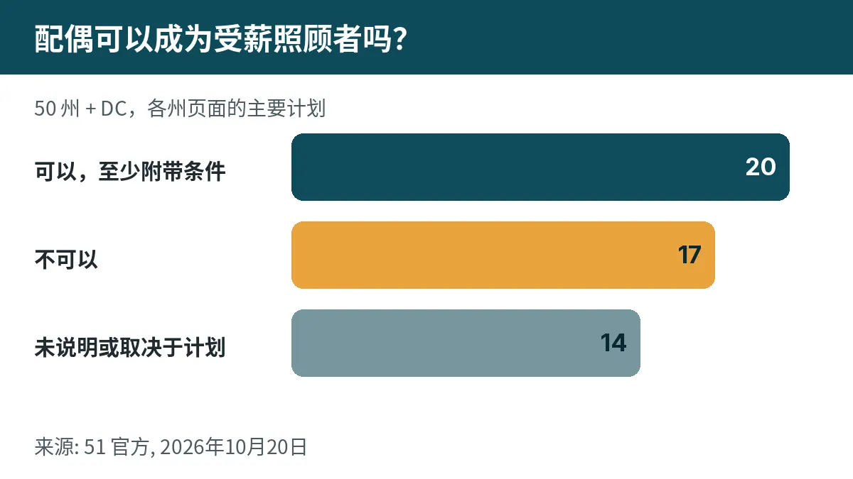 配偶可以成为受薪照顾者吗? 可以,至少附带条件: 20. 不可以: 17. 未说明或取决于计划: 14.